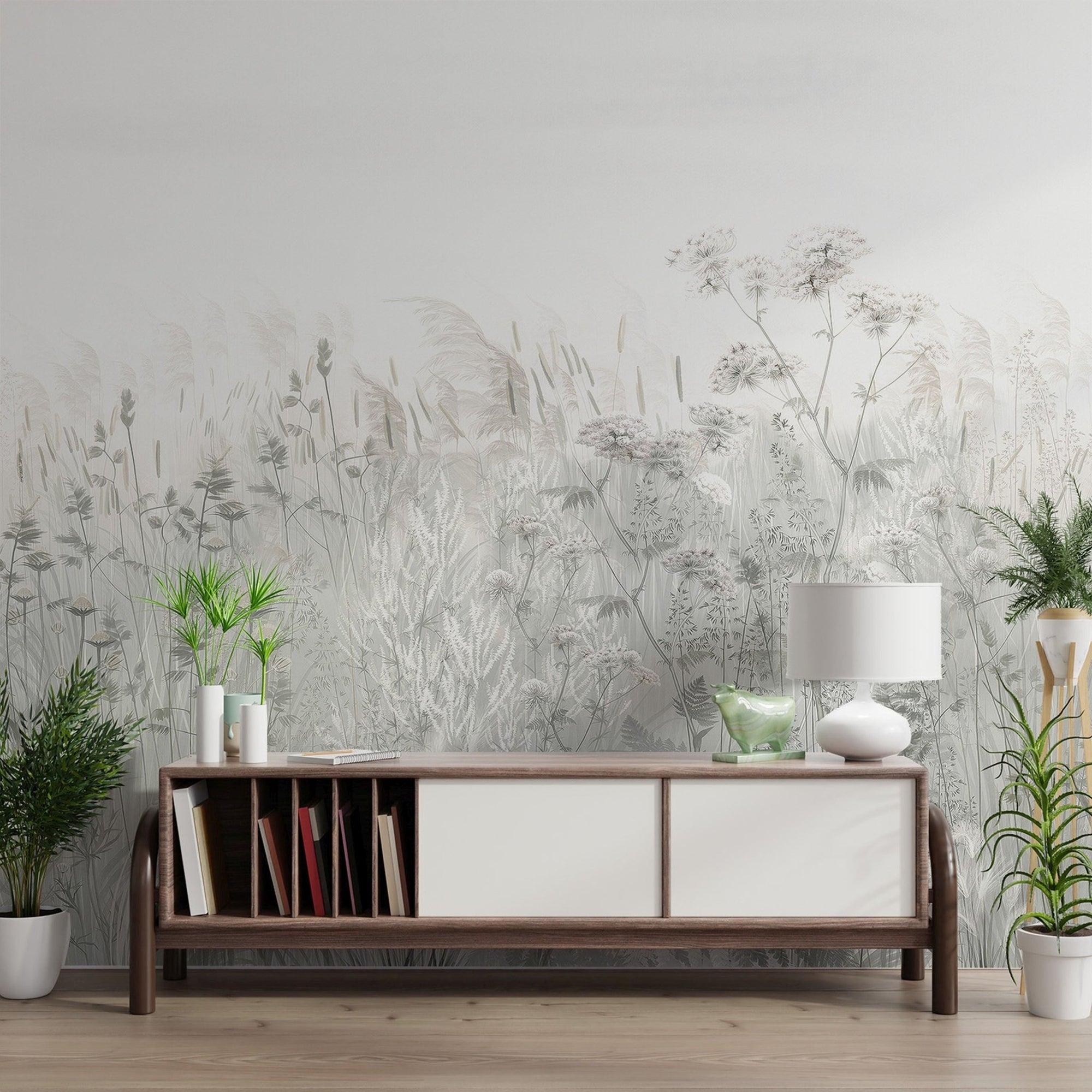 Soft Wildflower Fields wall mural for bright and airy hallway interiors.