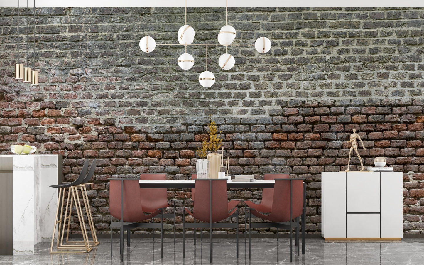 Urban dining room design with red and grey brick wall mural.