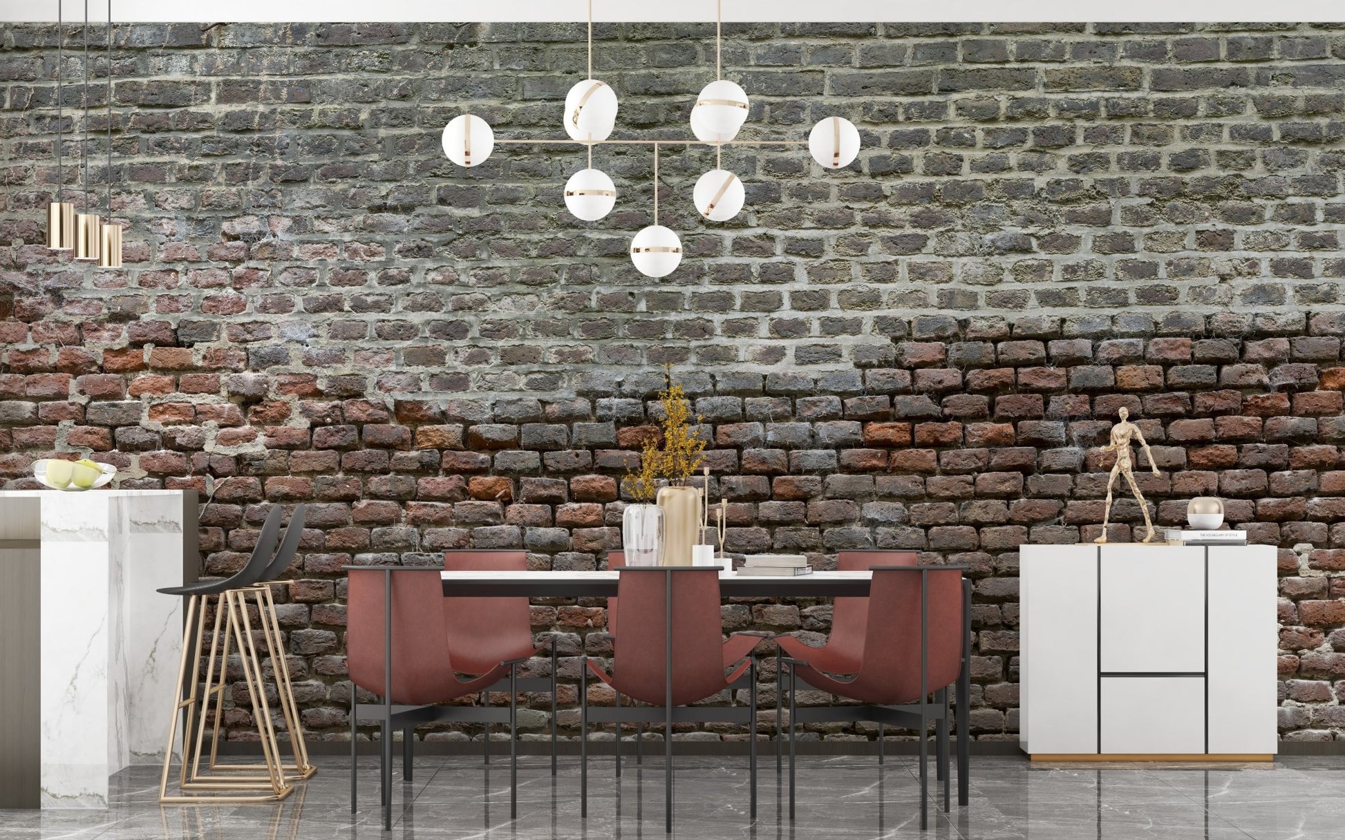 Urban dining room design with red and grey brick wall mural.