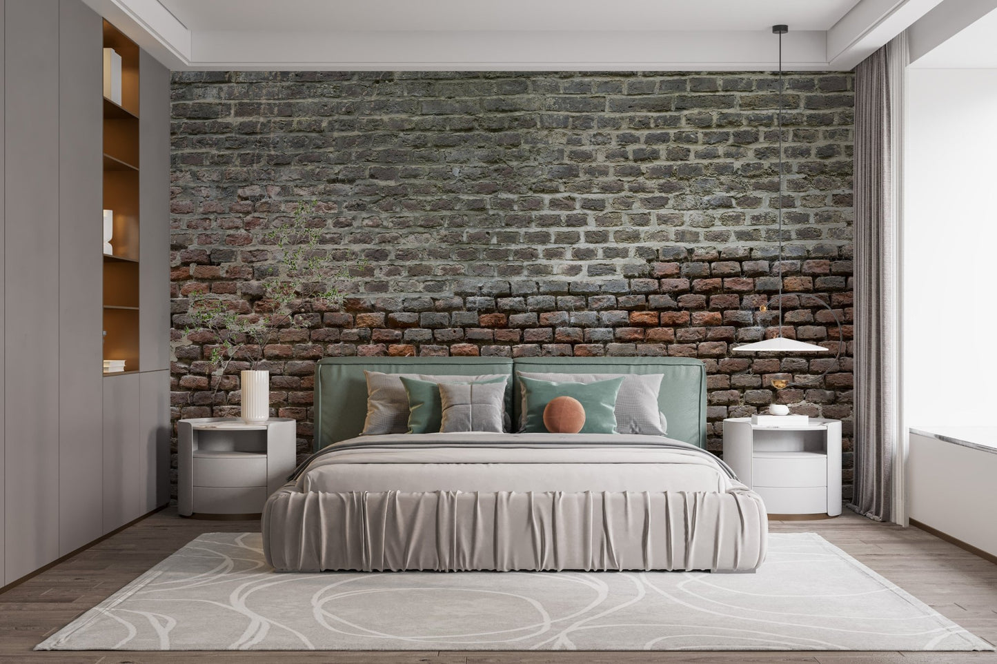 Bedroom setting with grey brick wall mural and neutral bedding.