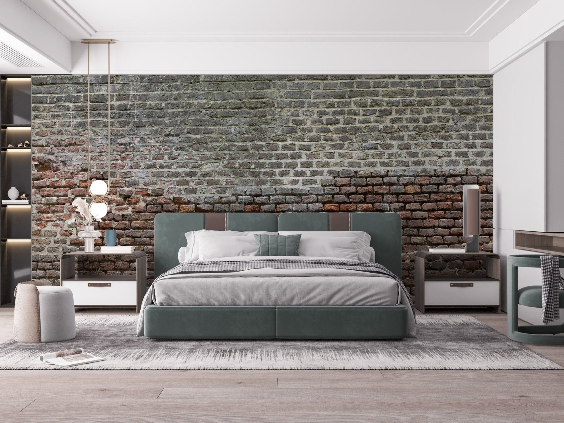 Large bedroom featuring dark brick wall mural and modern side tables.