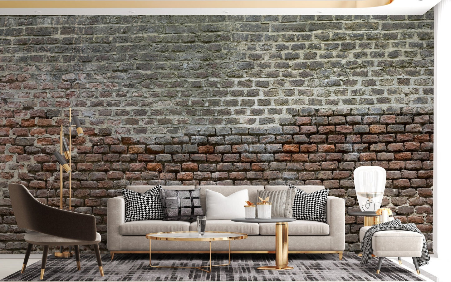 Living room with grey sofa and Soiled Dirt & Rustic Brick Wall Mural.