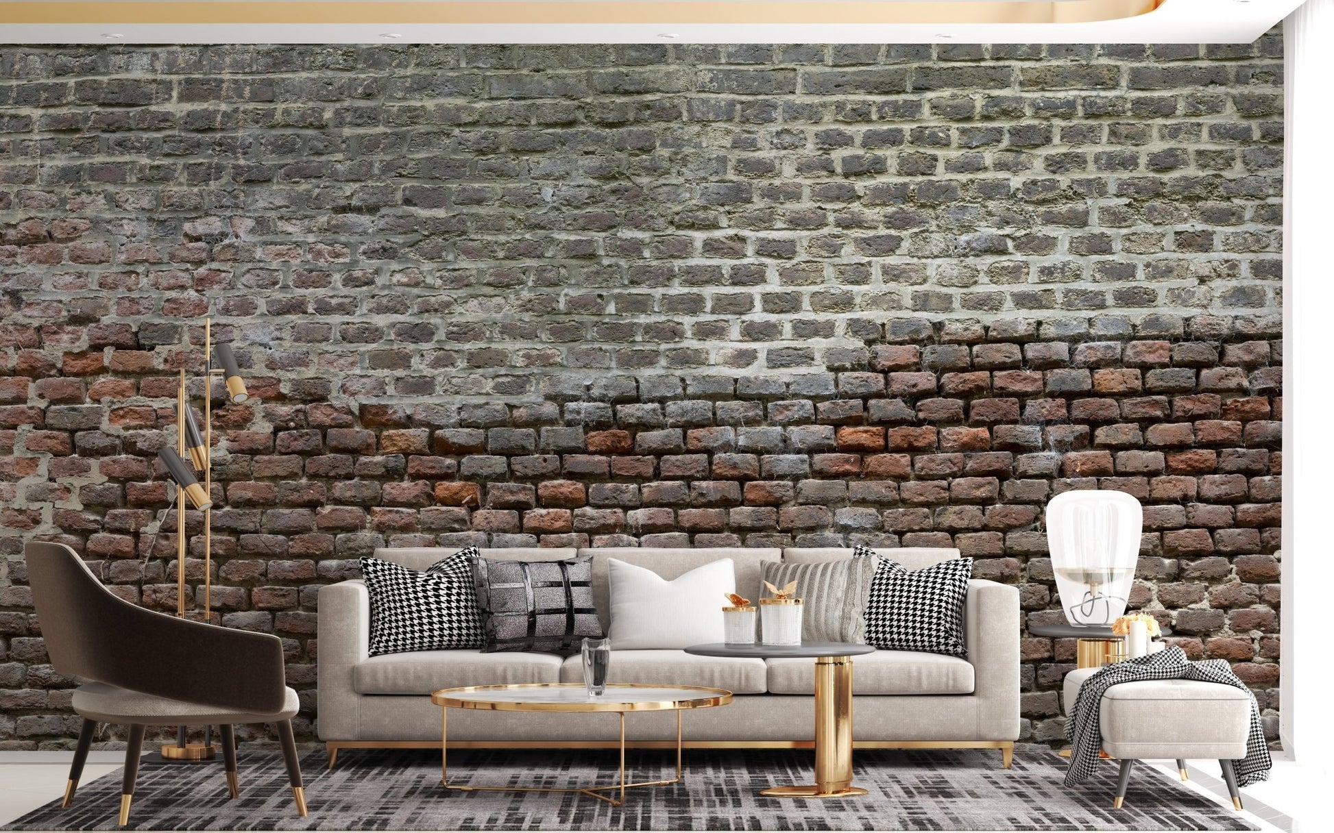 Living room with grey sofa and Soiled Dirt & Rustic Brick Wall Mural.