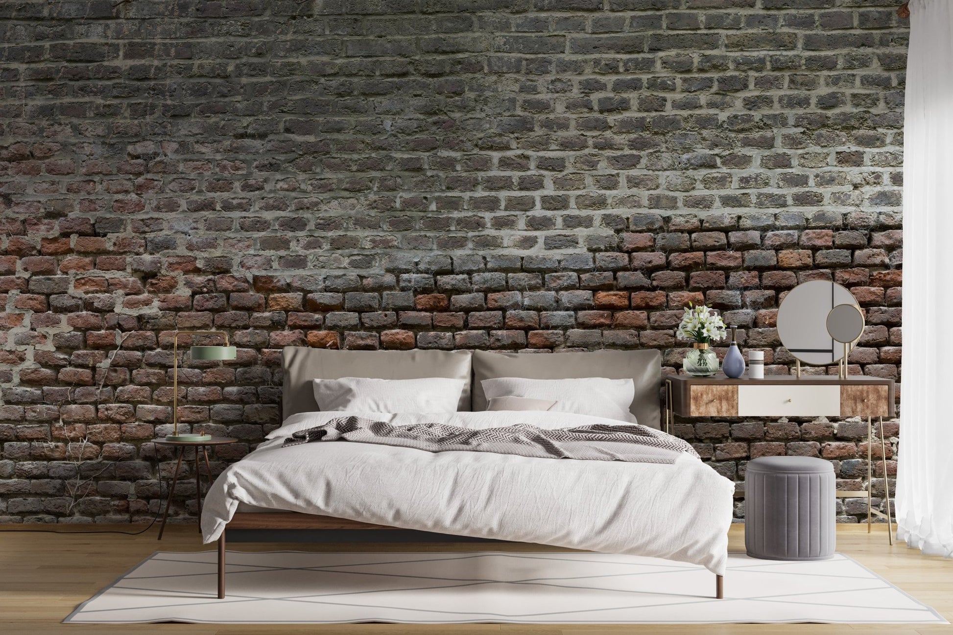 Minimalist bedroom with weathered brick wall mural and simple decor.