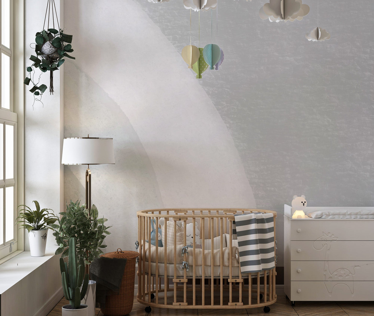 Abstract curved wallpaper mural with textured concrete effect.