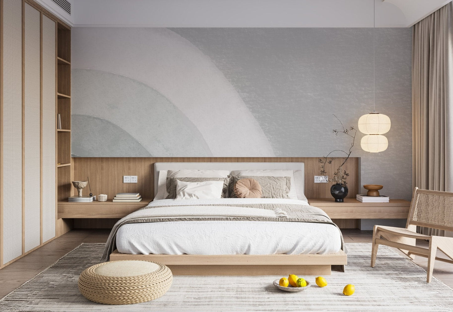 Soothing curved lines wall mural in soft grey and sage color tones.