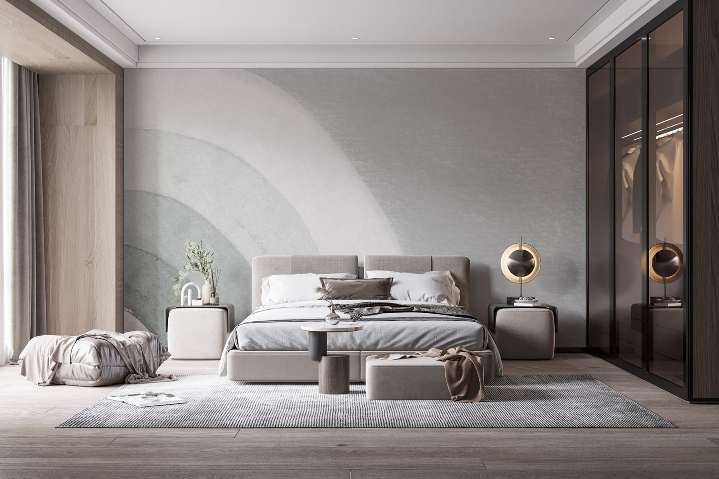 Minimalist arc pattern wall mural in muted green and white shades.