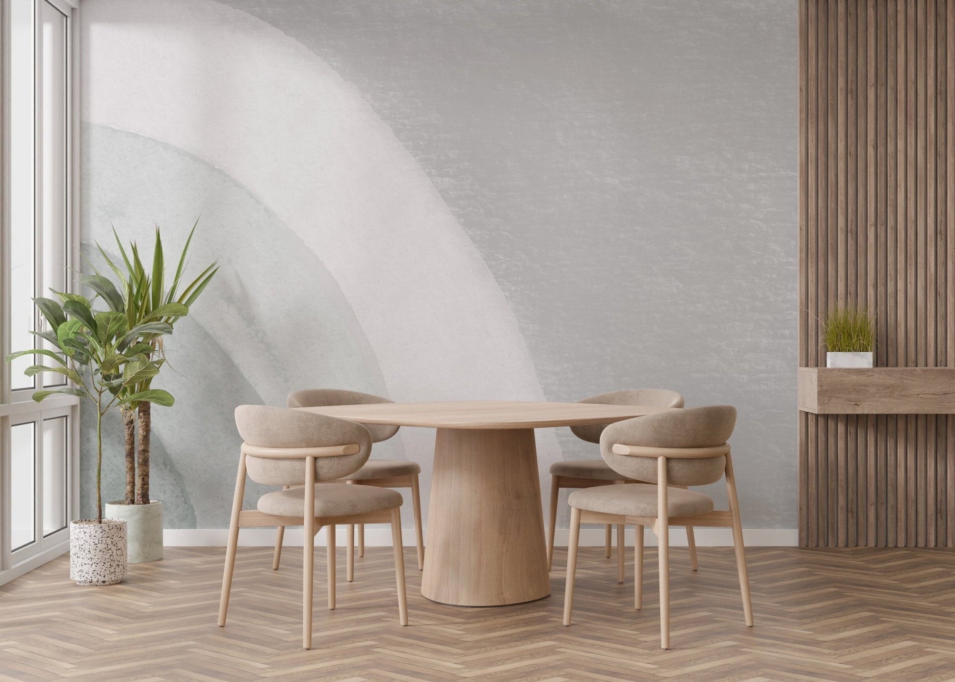 Scandinavian inspired curved wall mural in calm neutral palette.
