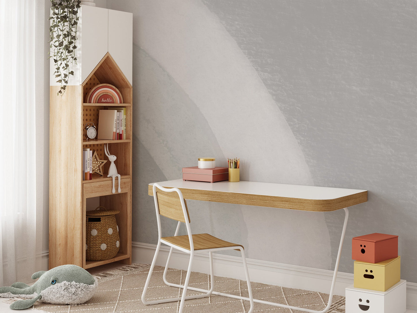 Subtle watercolor style wallpaper mural with flowing arc design.