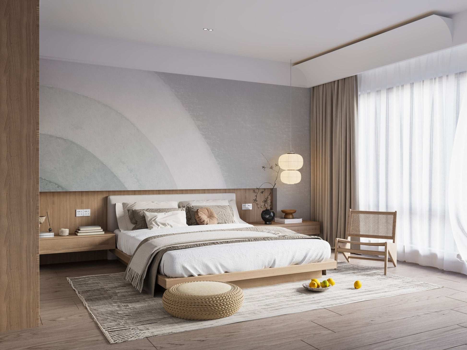 Soft sage and ivory wall mural with abstract curve detailing.