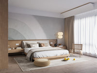 Soft sage and ivory wall mural with abstract curve detailing.