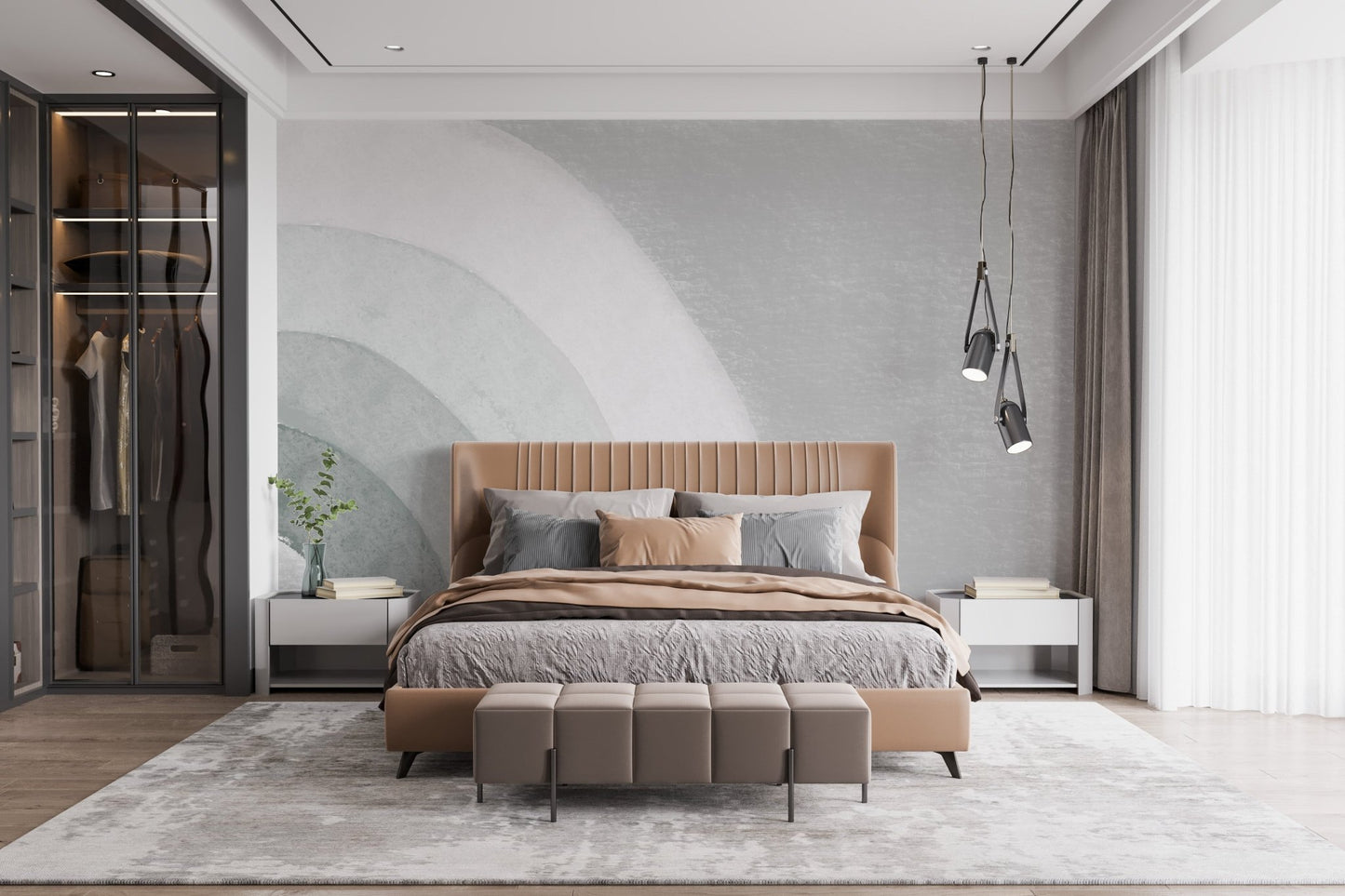 Textured grey wallpaper mural with overlapping circular forms.