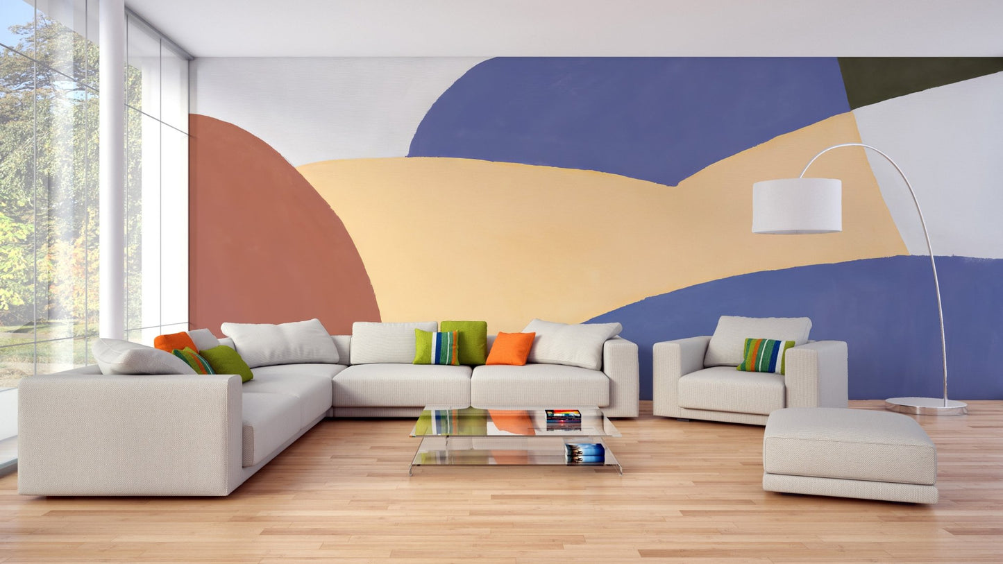 Artistic wall mural featuring mustard band across deep blue shapes.