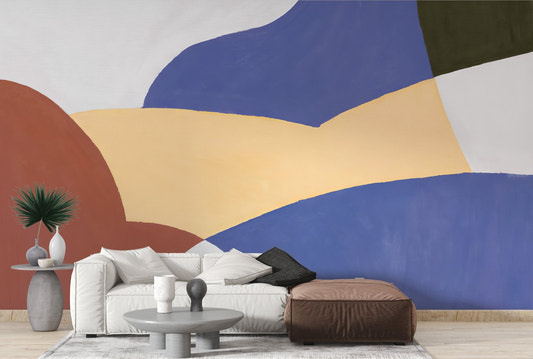 Soothing curves wall mural with blue, mustard, and rust abstract shapes.