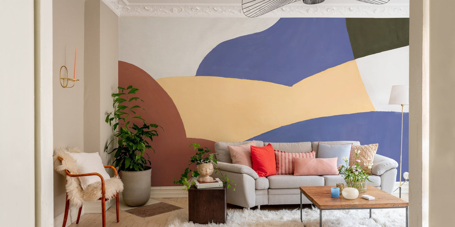Statement curves wall mural with bold blue and earthy color contrast.
