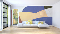 Geometric wallpaper mural with layered sweeping curves.