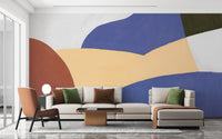Modern abstract wallpaper mural with bold curved color blocks.
