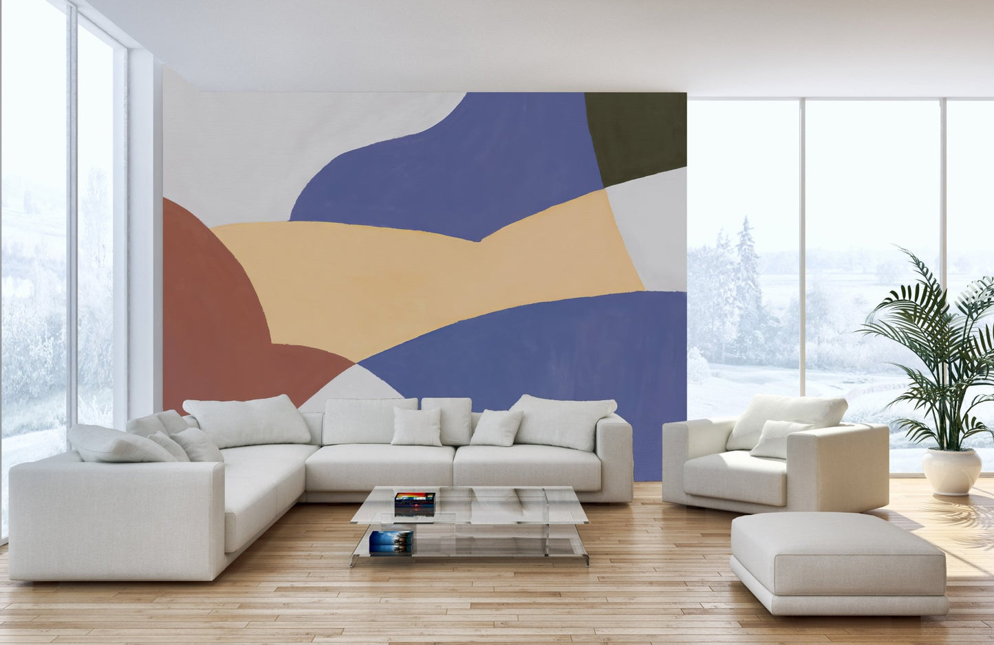 Minimalist abstract wallpaper mural with organic curved forms.