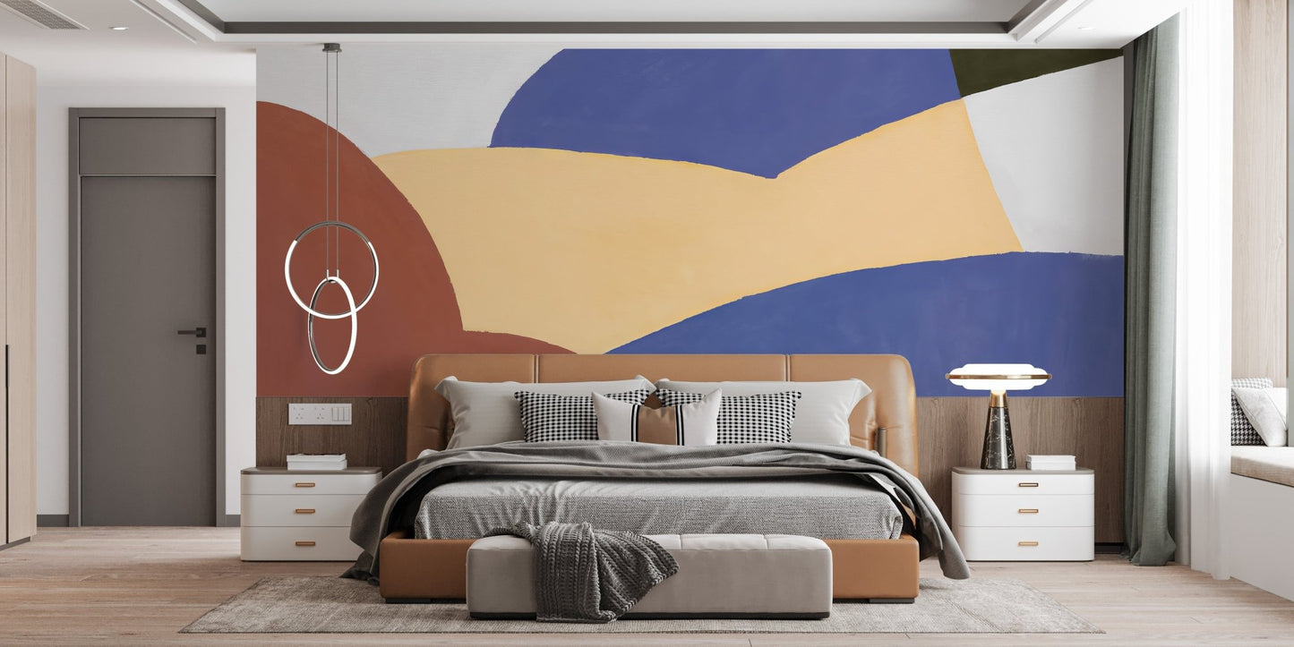 Contemporary wall mural in navy, cream, olive, and terracotta tones.