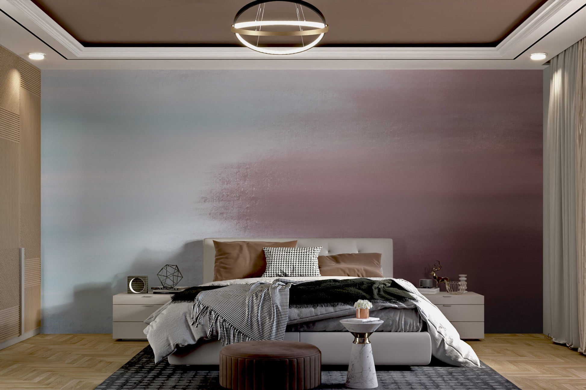 Relaxing wall art mural with a smooth gradient effect for bedroom interior.