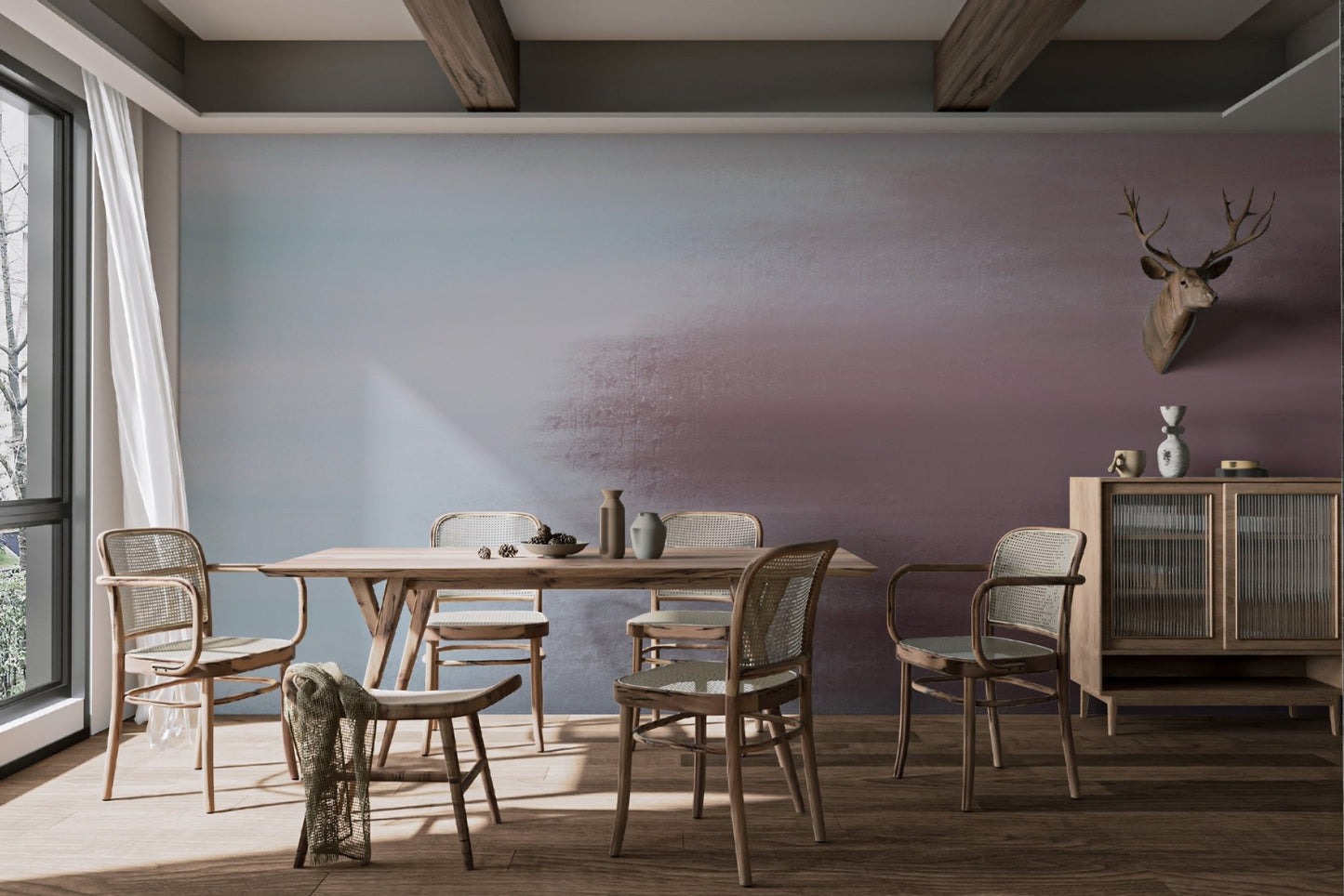 Calm abstract wall mural with soothing gradient hues on dining room walls.