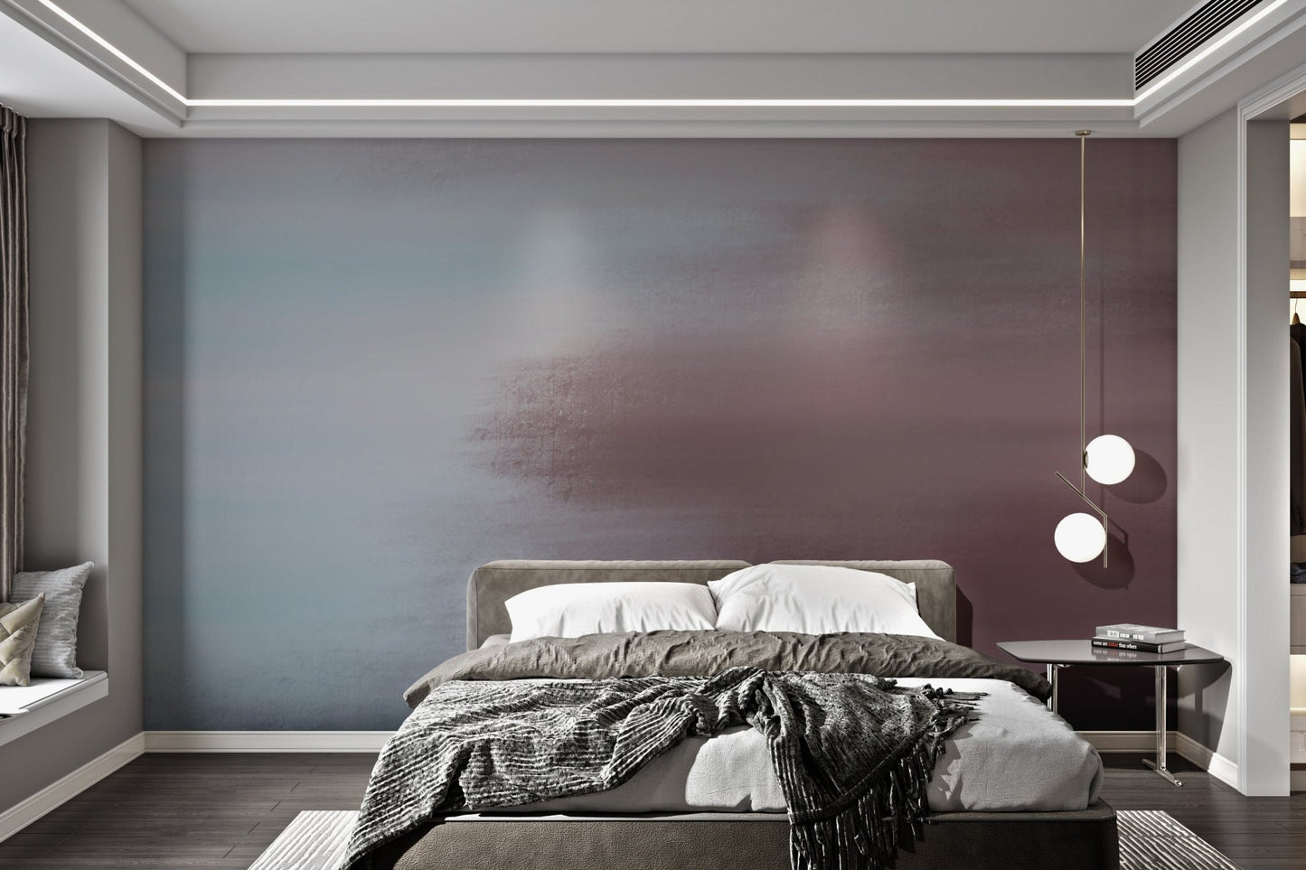 Gradient abstract mural with subtle painted texture for bedroom wall.