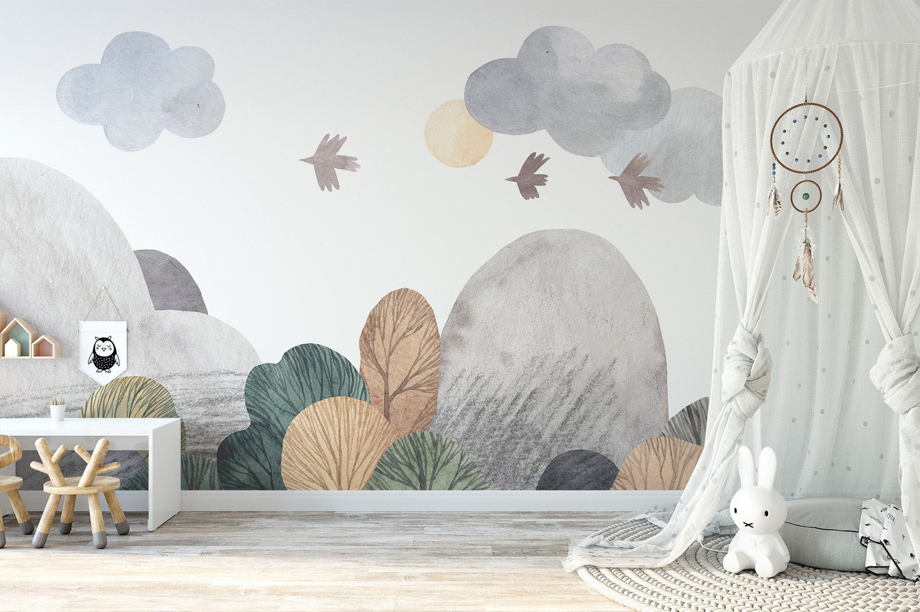 Soothing nature abstract wall mural in soft gray and sage tones.