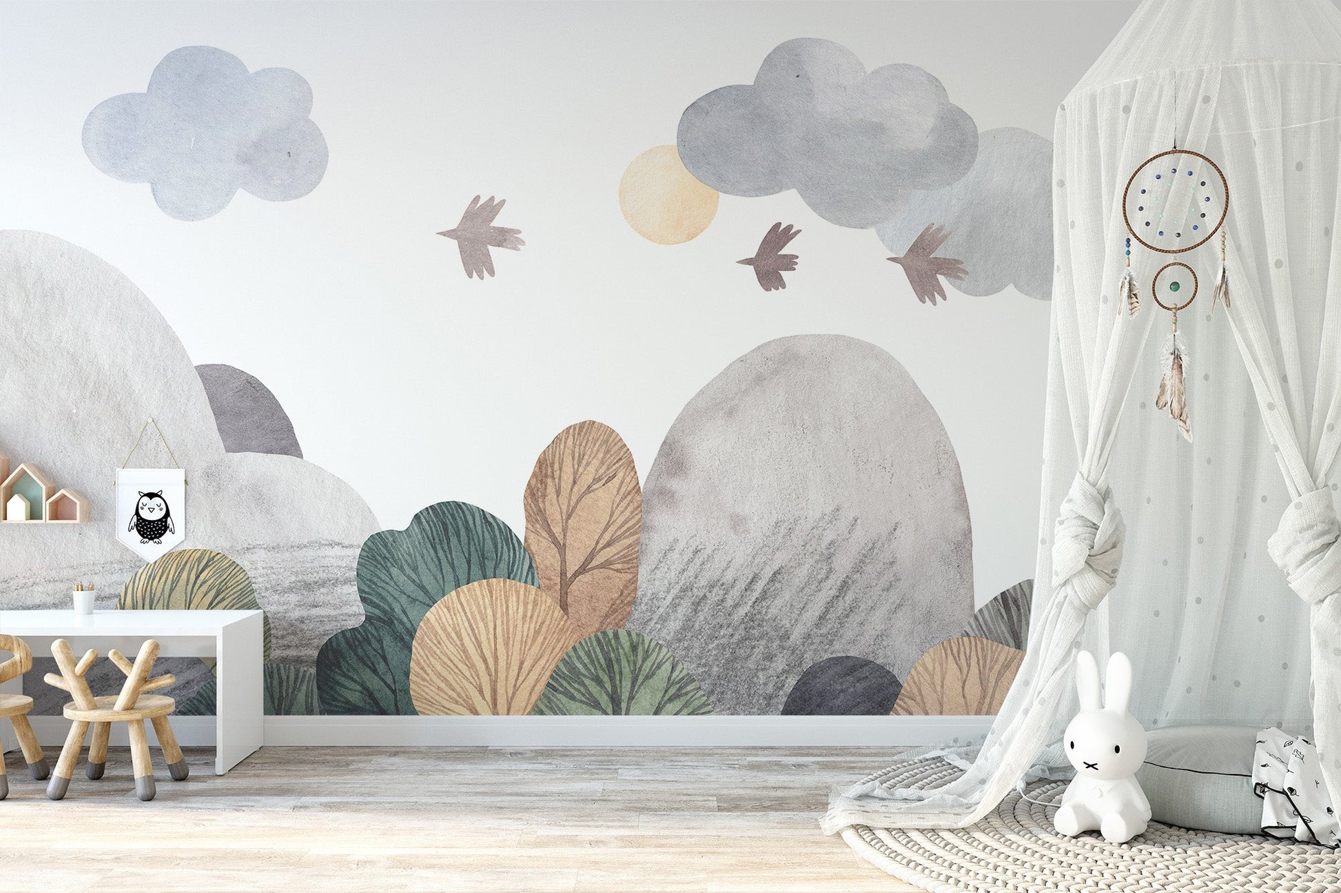 Soothing mural design with nature elements
