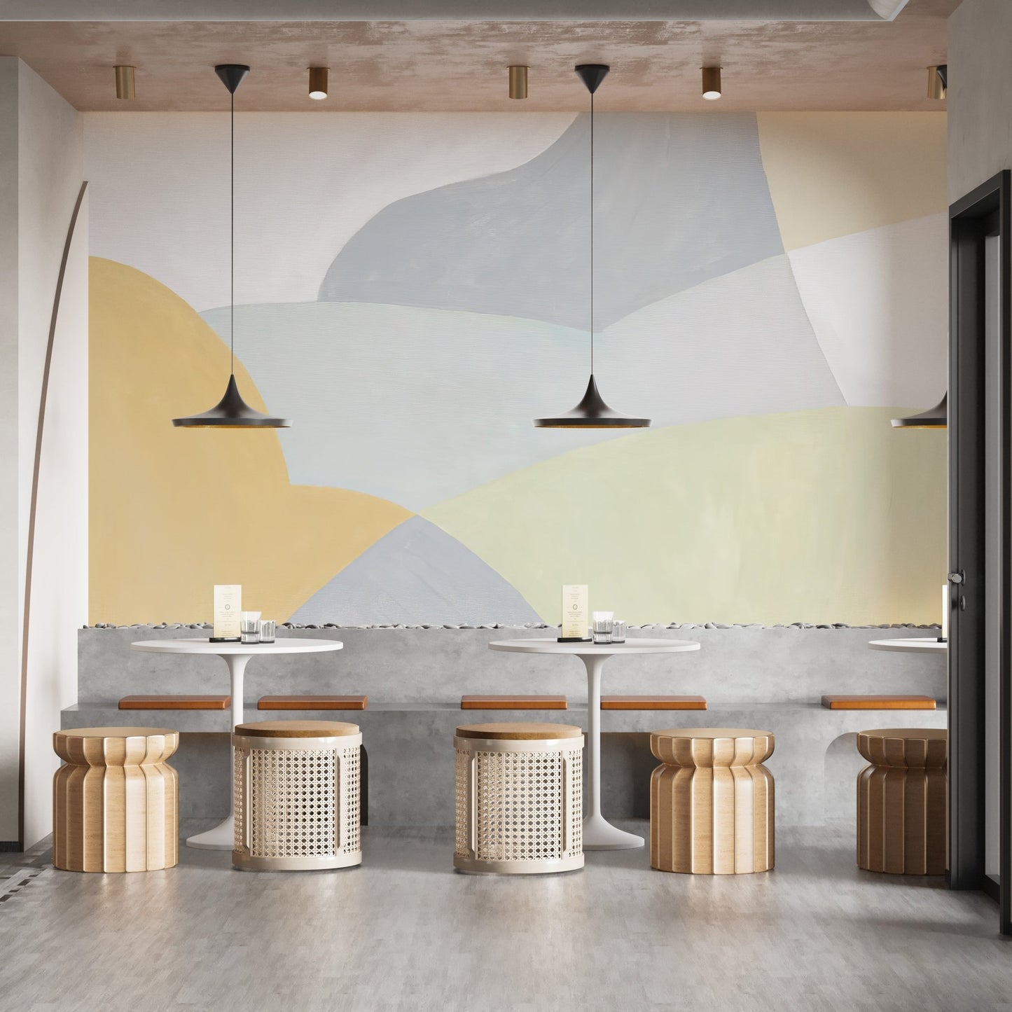Modern geometric wallpaper mural with curved shapes and soft color tones.
