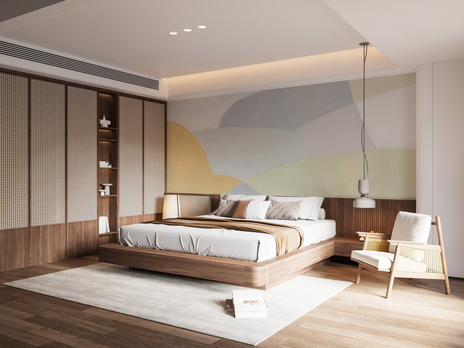 Abstract pastel wallpaper mural with flowing lines and muted palette.