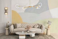 Minimalist soothing wallpaper mural with layered organic forms and smooth color blend.