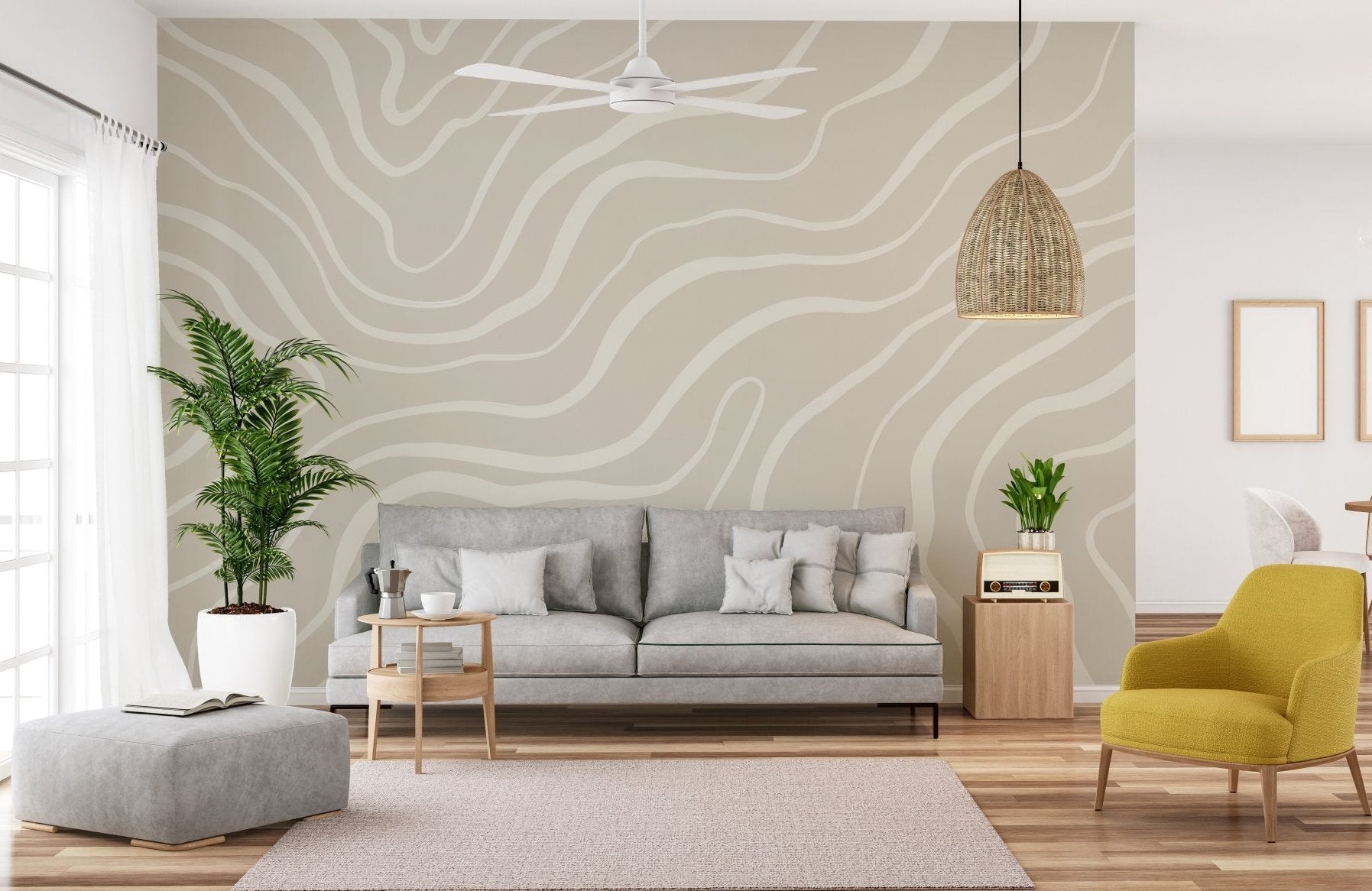 Neutral abstract contour wallpaper with soft beige flowing wave lines.