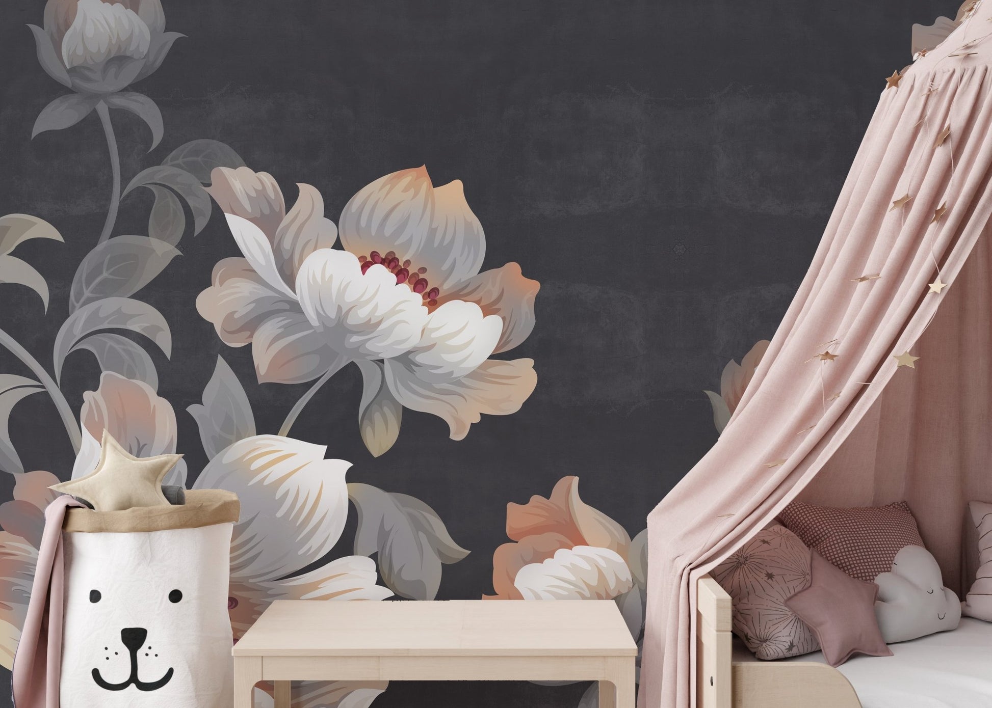 Sophisticated Gray Flower Oasis Wall Murals in a kids play area with soft pink decor.