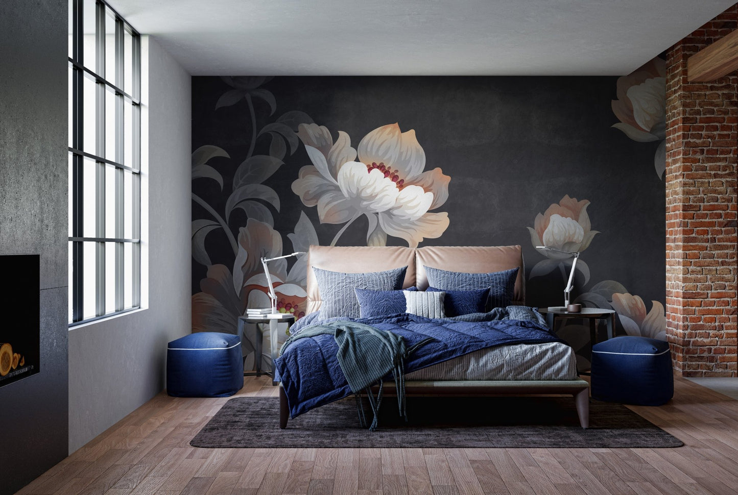 Bedroom wall mural with dark flower graphics behind a blue bed and large windows.