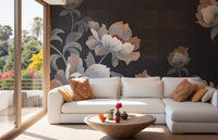 Modern living area with white sectional sofa and Sophisticated Gray Flower Oasis Wall Murals.