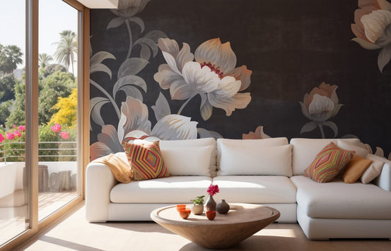Modern living area with white sectional sofa and Sophisticated Gray Flower Oasis Wall Murals.