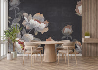 Dining room wall mural with large grey and orange flowers.