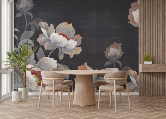 Dining room wall mural with large grey and orange flowers.