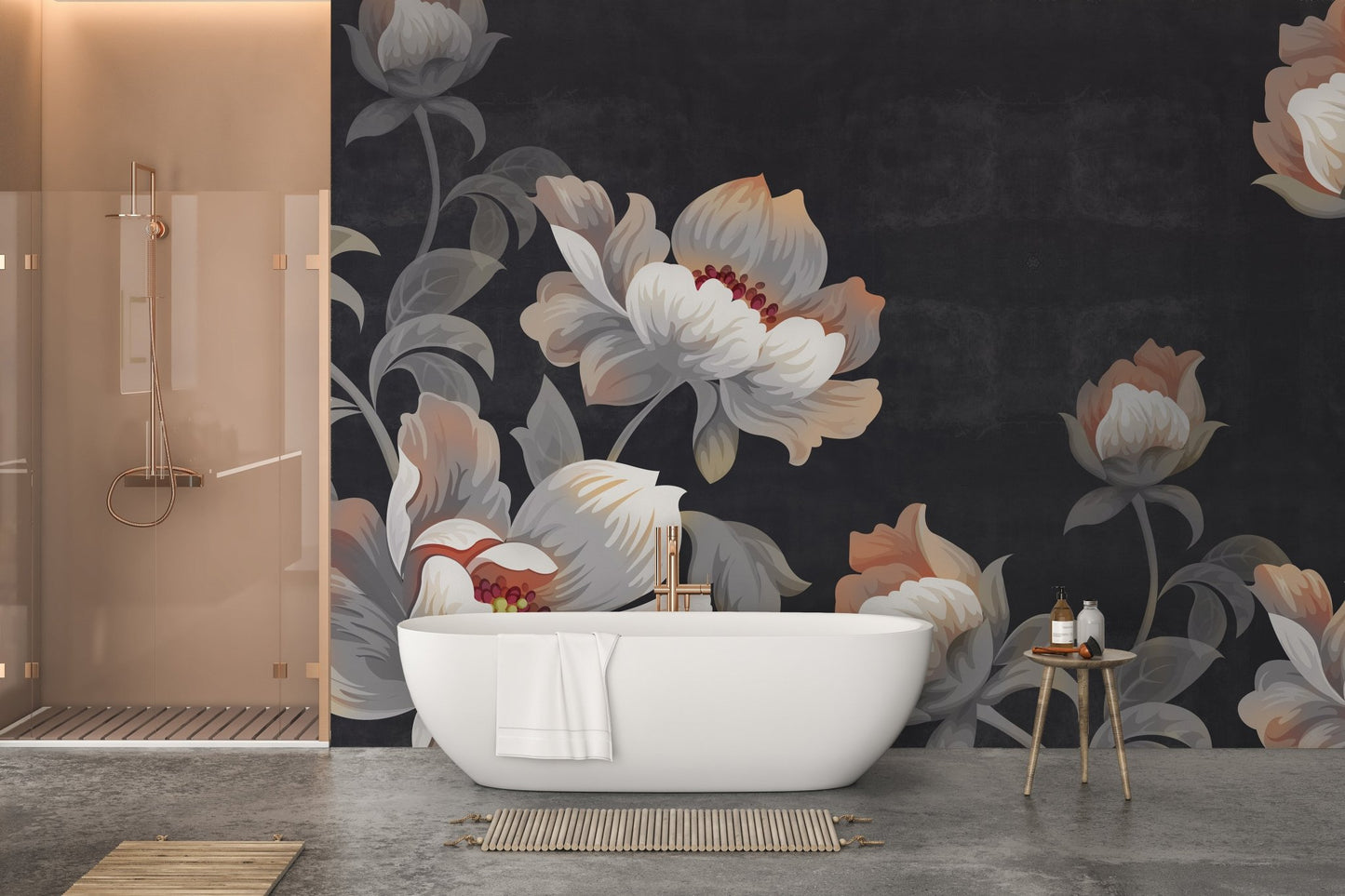 Bathroom wall mural with dark flower patterns behind a white freestanding tub.