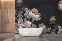 Bathroom wall mural with dark flower patterns behind a white freestanding tub.
