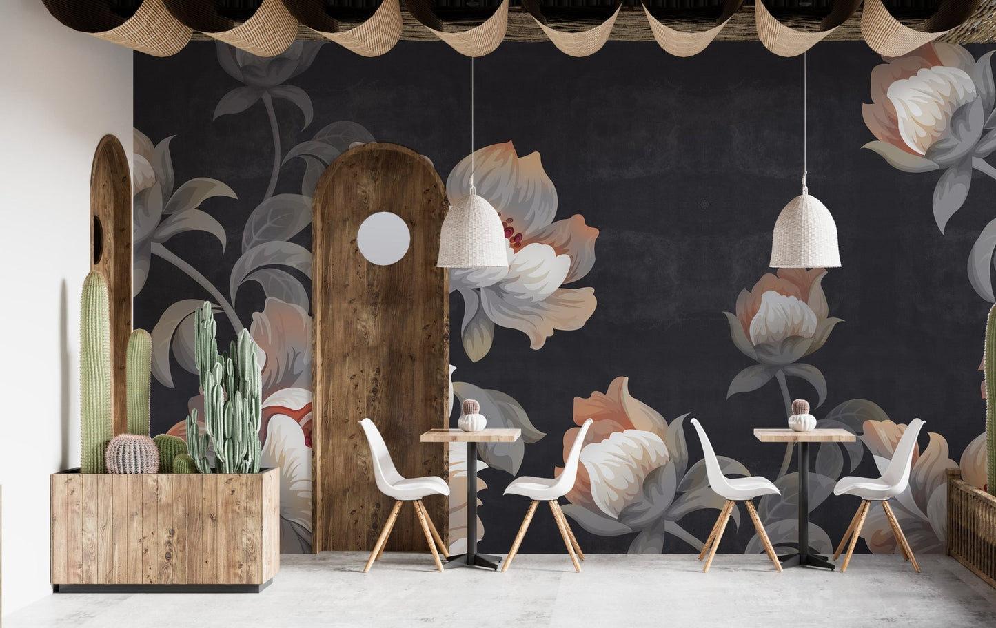 Cafe interior featuring Sophisticated Gray Flower Oasis Wall Murals and light wood tables.