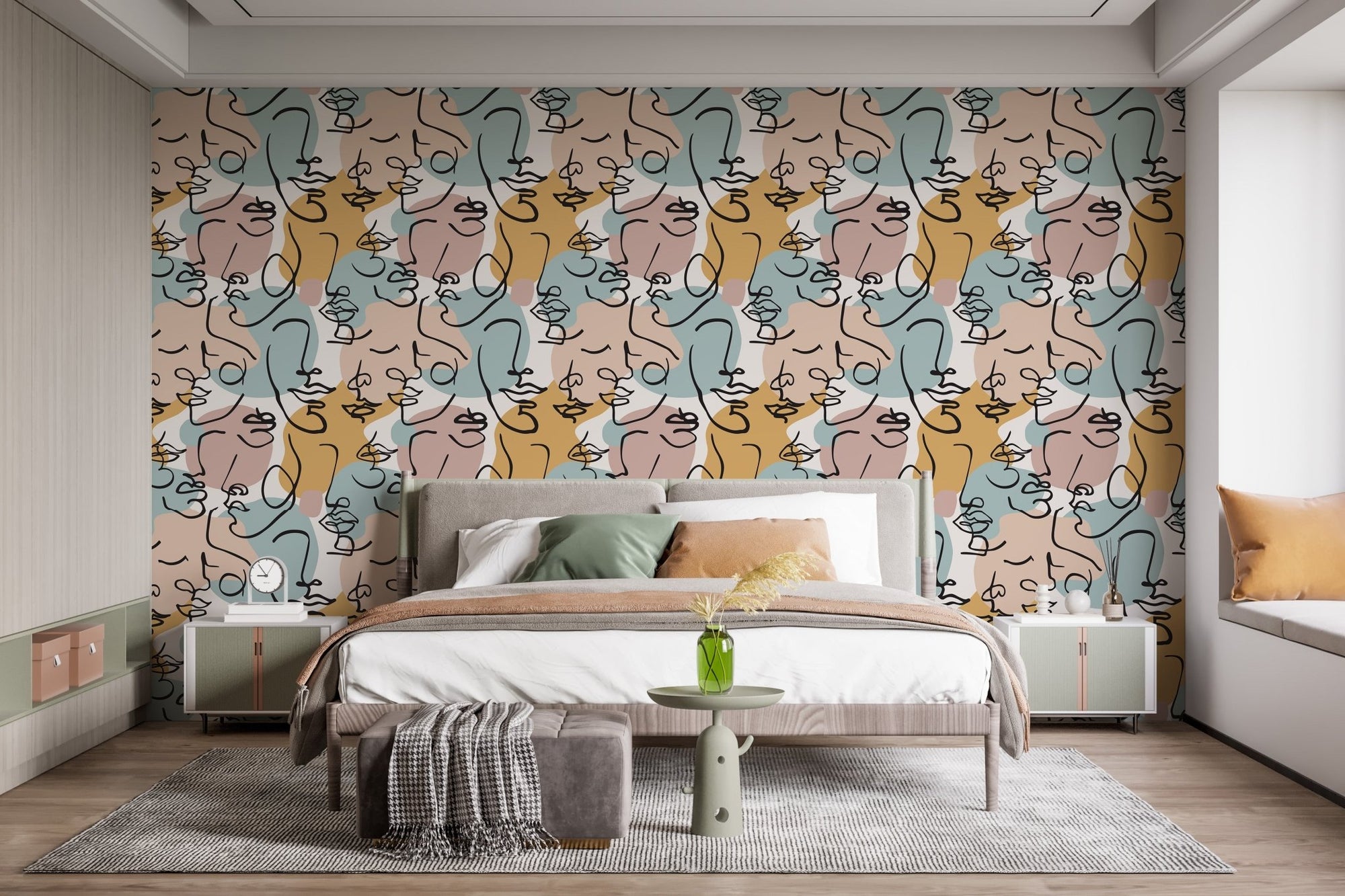 Modern bedroom featuring Sophisticated Line Sketch Wallpaper with abstract faces.