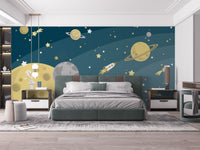 Daybed in a kids' room featuring a large-scale outer space wall mural.