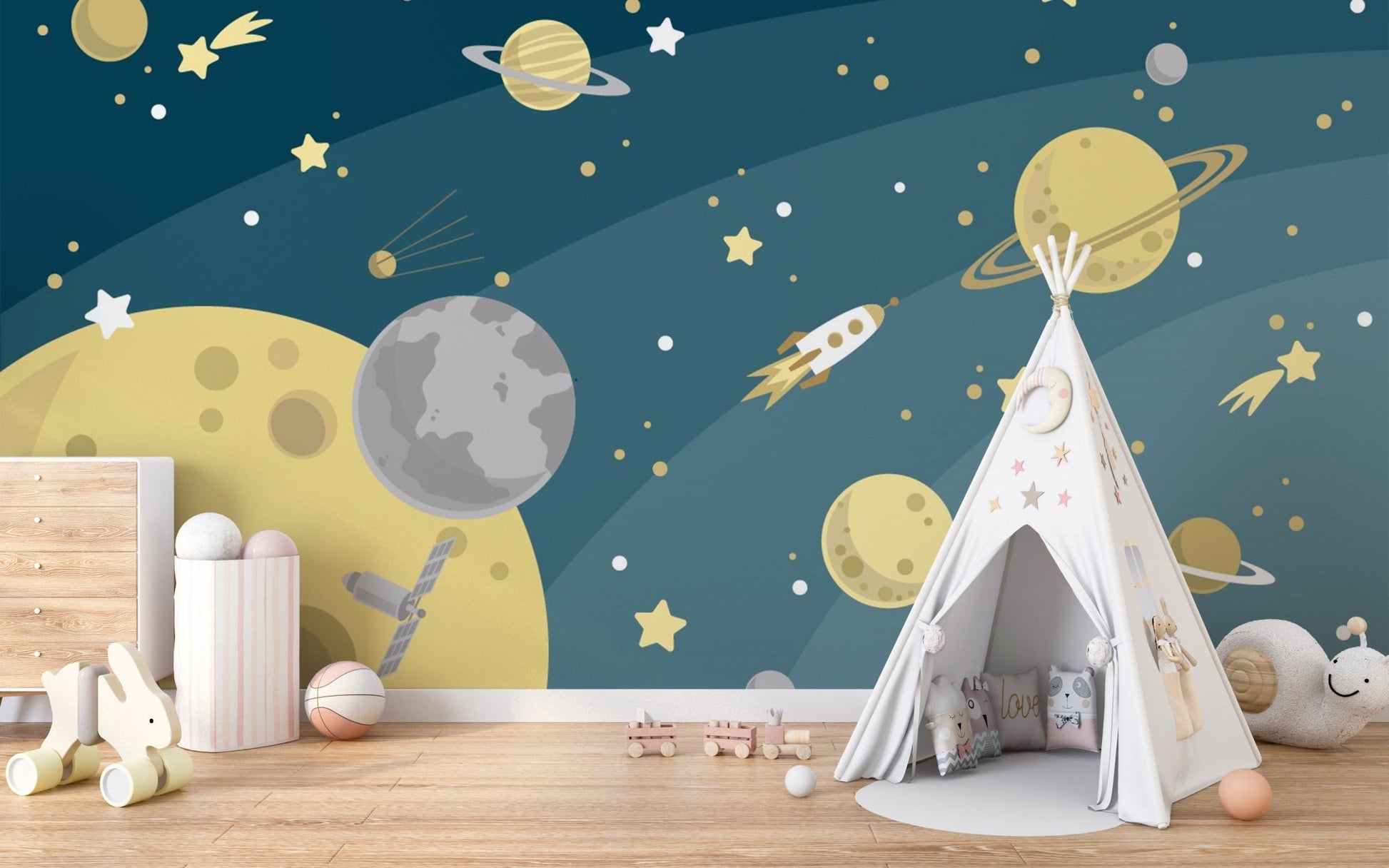 Space Adventures Planets and Stars Wall Murals in a playroom with a white teepee tent.