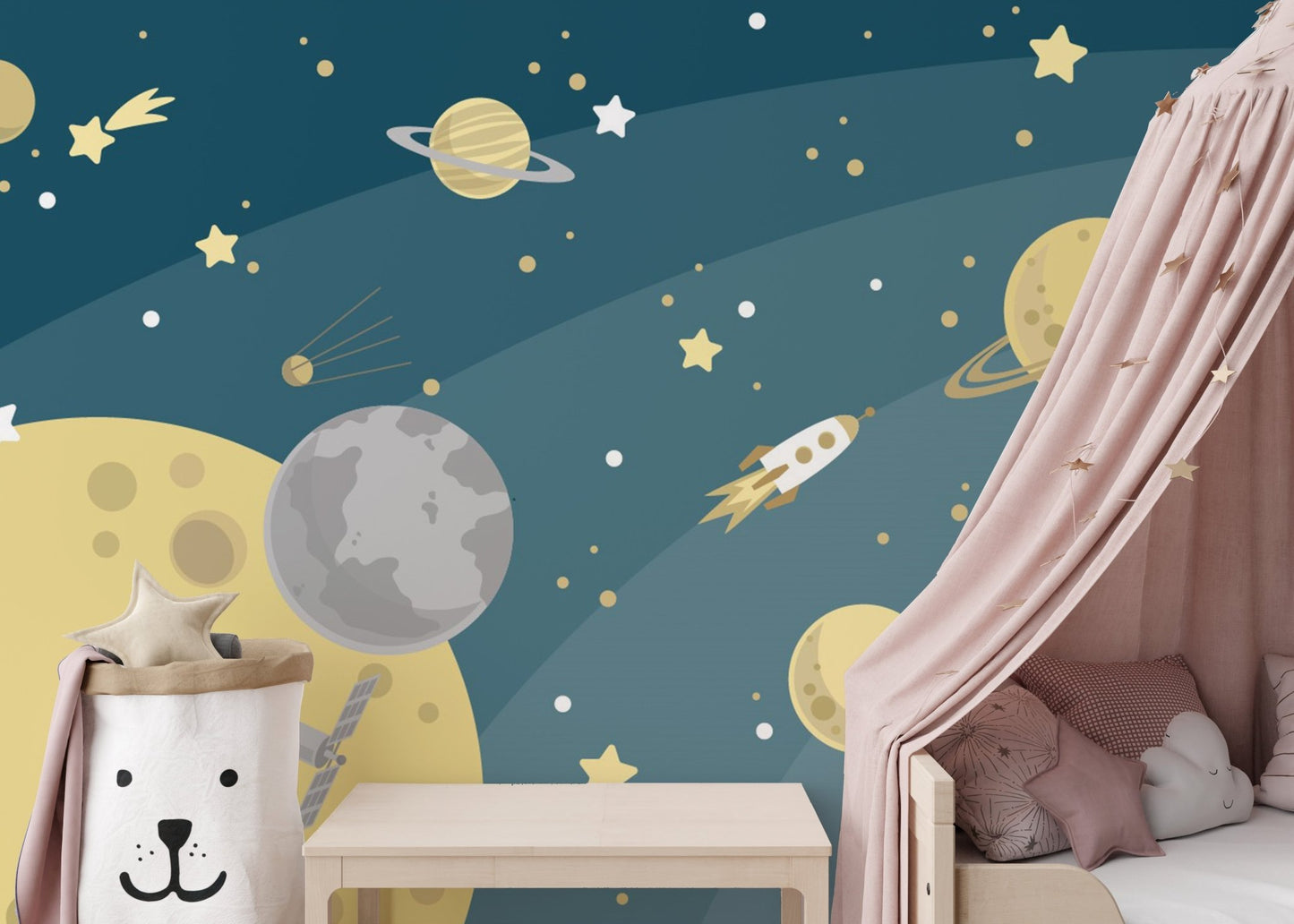 Pink canopy bed paired with a Space Adventures Planets and Stars Wall Murals backdrop.