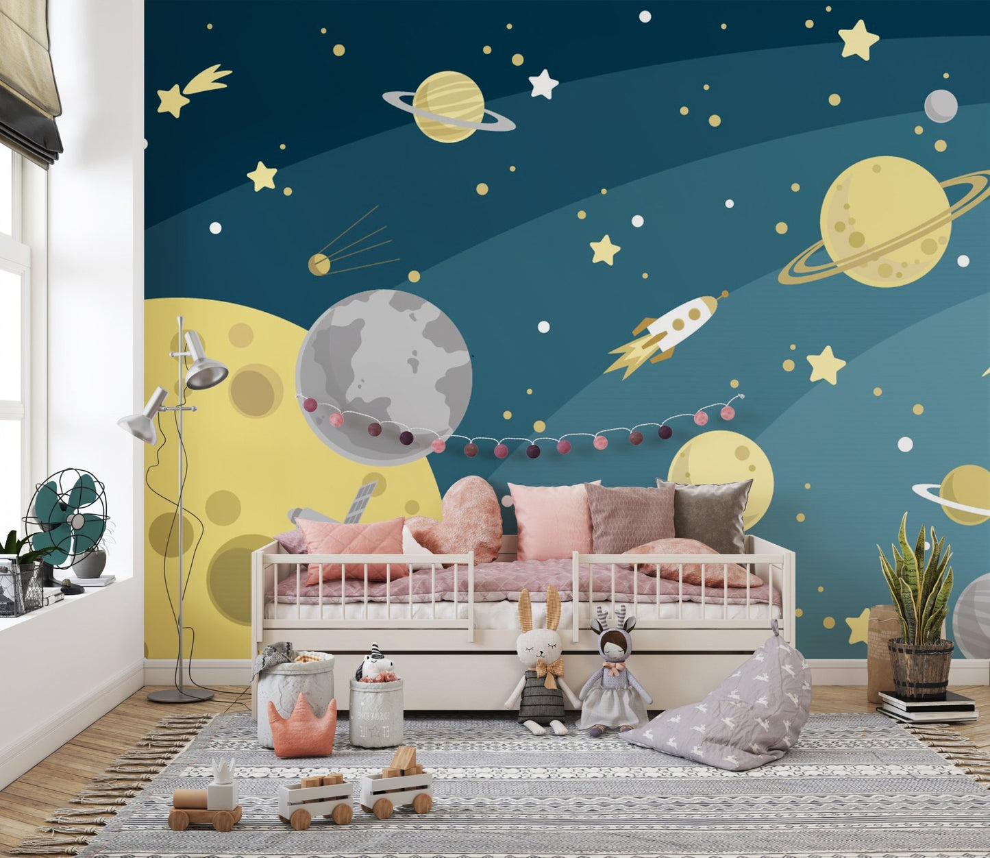 Space Adventures Planets and Stars Wall Murals in a bright room with a white floor rug.