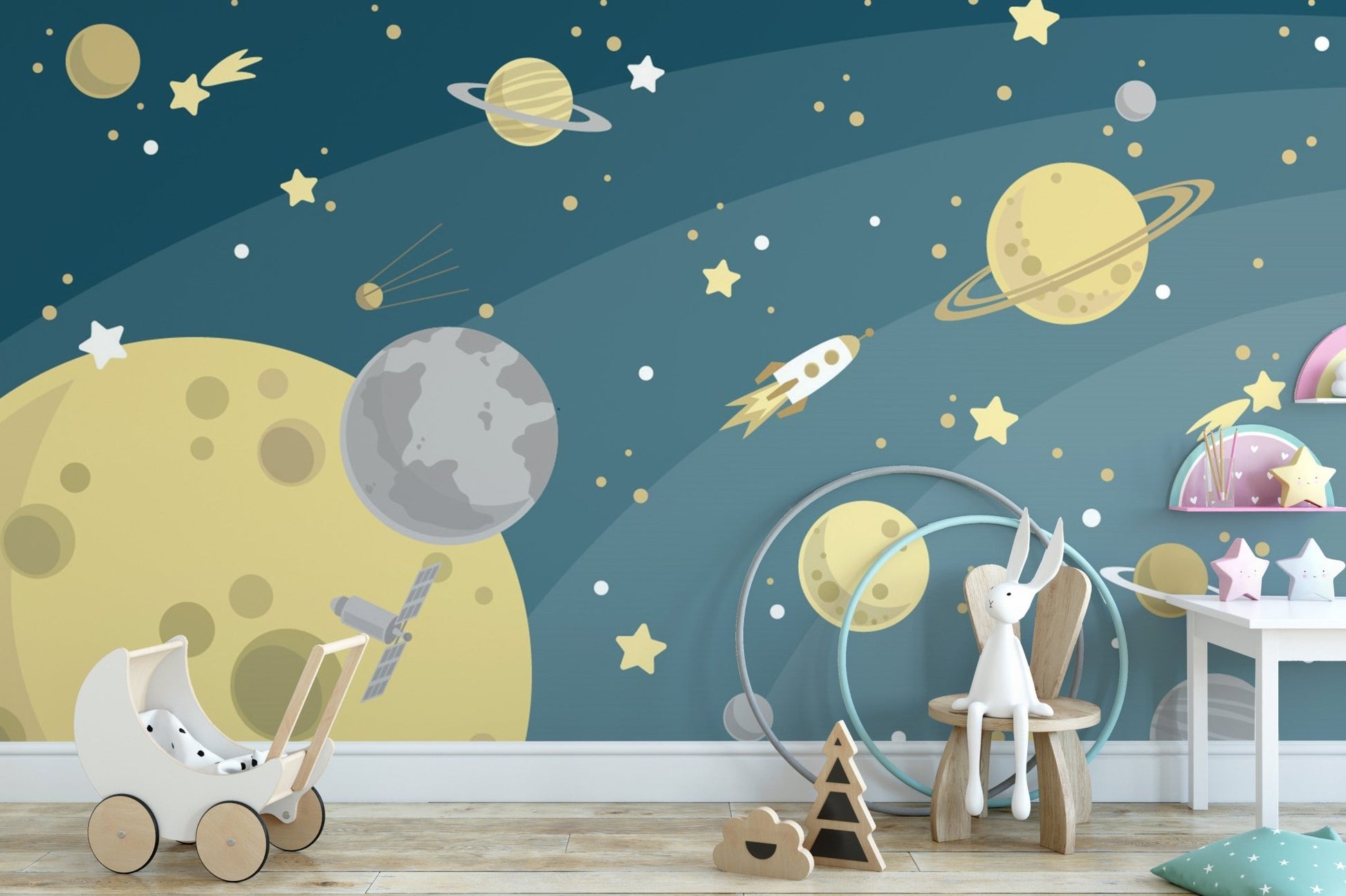 Navy blue galaxy wall mural featuring yellow planets and rockets in a children's bedroom.