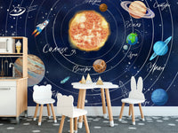 Science inspired wallpaper featuring solar system wall mural.