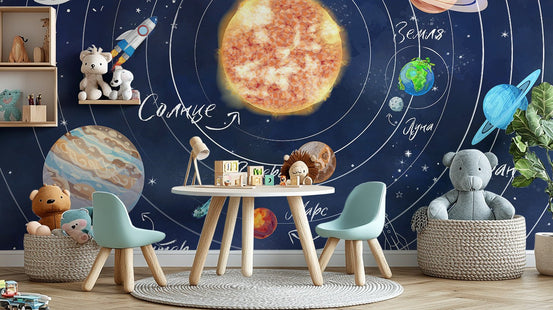 Galaxy orbit illustration wallpaper playful space wall mural.