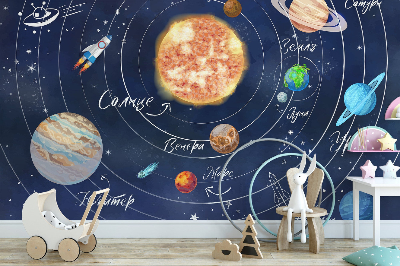 Modern space art wallpaper with colorful planets wall mural.